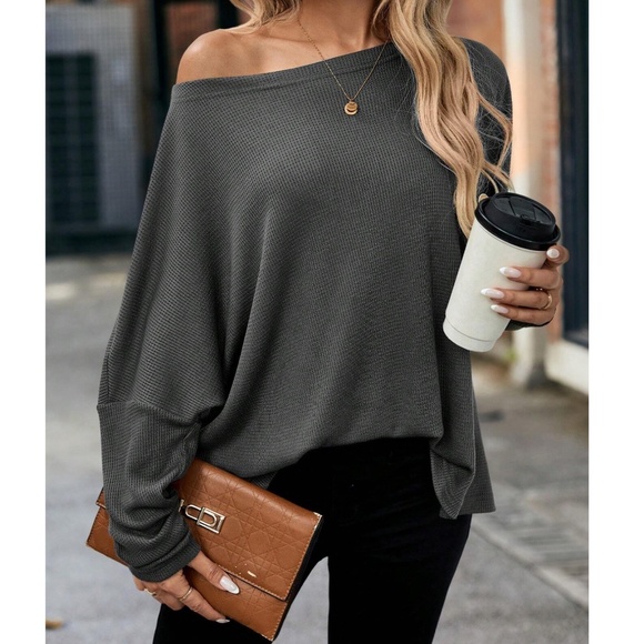 Solid Off Shoulder Loose Fit Waffle Long Sleeve Top - Picture 1 of 16